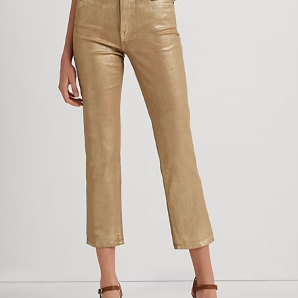 Gold METALLIC Ralph Lauren High Rise Cropped Straight Ankle Jeans 😀